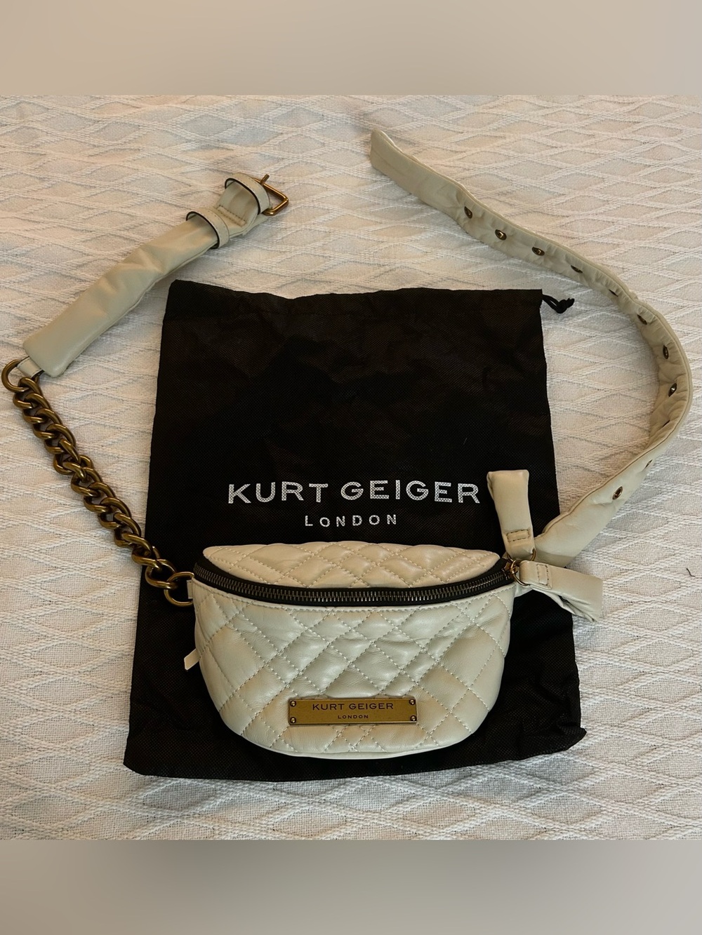 Kurt Geiger Cream Quilted Mini Belt Bag with Gold Plate - Picture 2 of 4